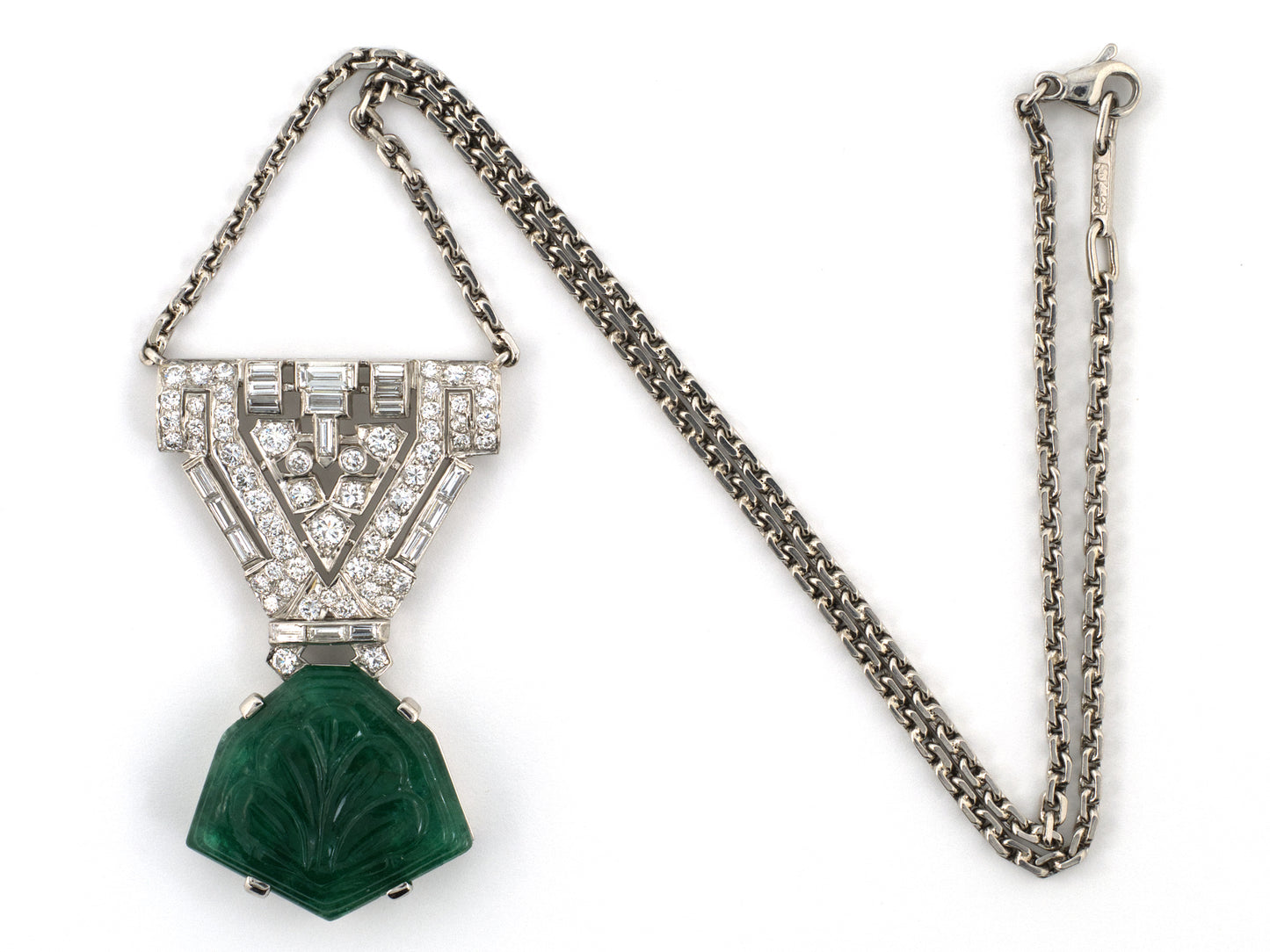 45674 - Art Deco Platinum Carved Emerald Diamond Drop Dangle Pendant