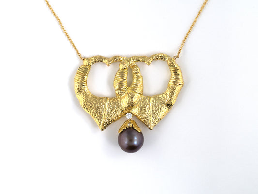 45675 - Gold GIA Brown Pearl Diamond Interlocking Heart Necklace