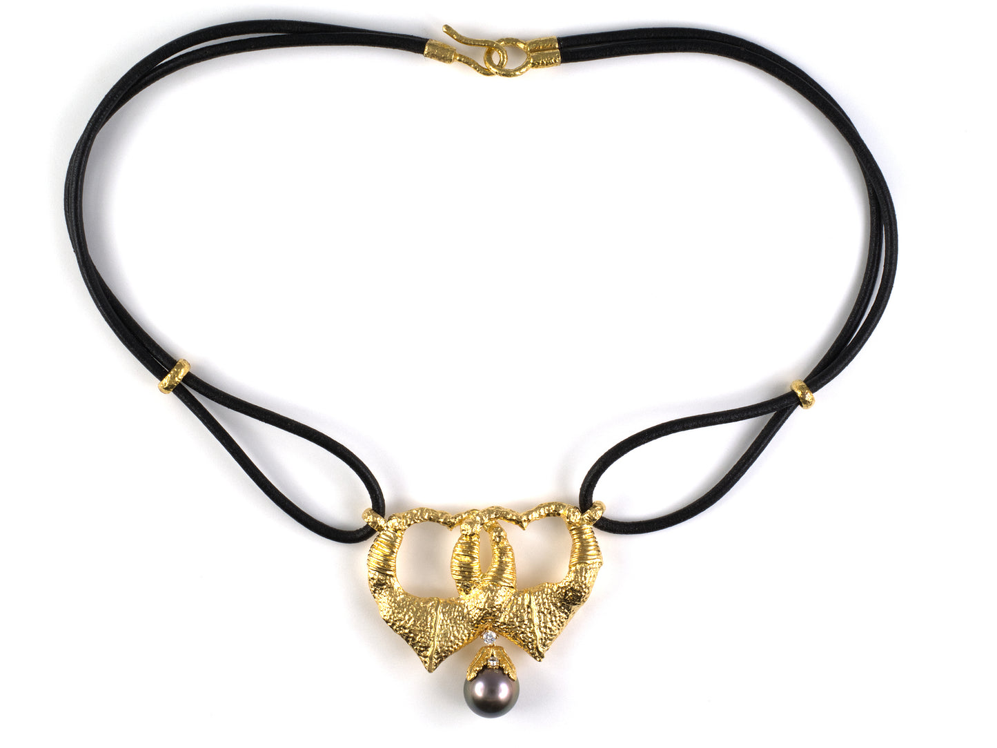 45676 - Gold GIA Tahitian Silver Pearl Diamond Interlocking Heart Necklace