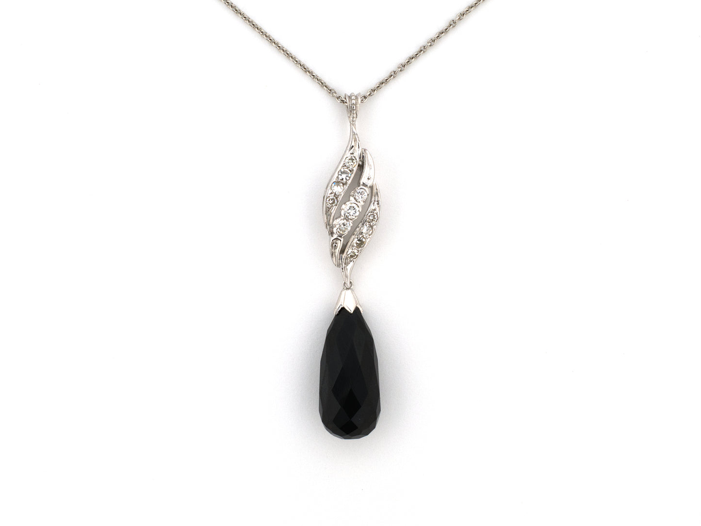 45677 - Platinum Gold Diamond Black Onyx Swirl Design Tear Drop Pendant Necklace