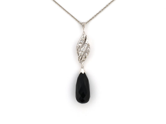 45677 - Platinum Gold Diamond Black Onyx Swirl Design Tear Drop Pendant Necklace