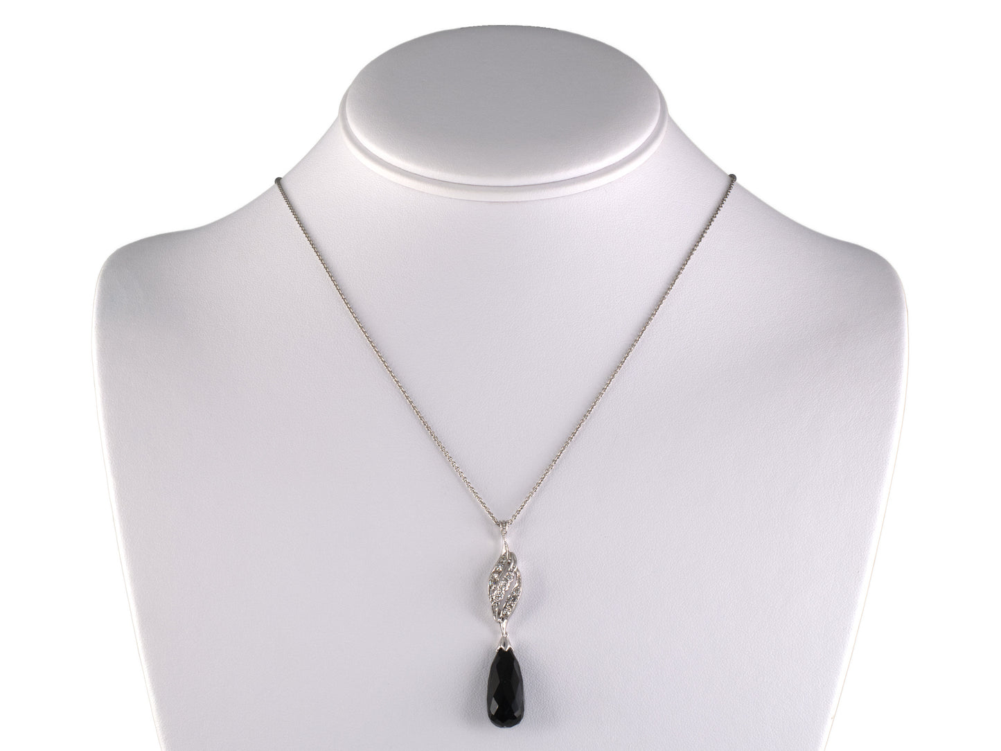 45677 - Platinum Gold Diamond Black Onyx Swirl Design Tear Drop Pendant Necklace