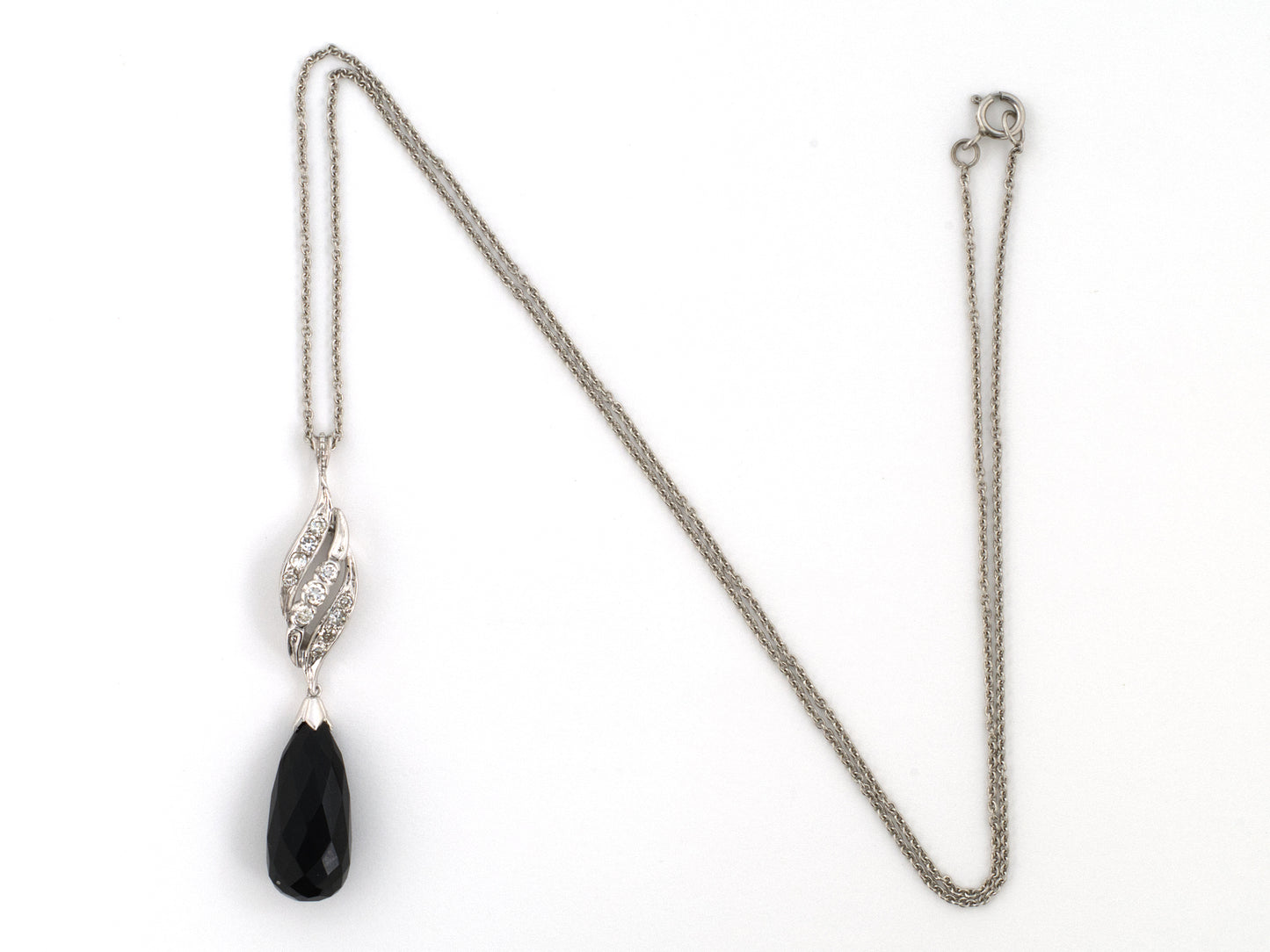 45677 - Platinum Gold Diamond Black Onyx Swirl Design Tear Drop Pendant Necklace