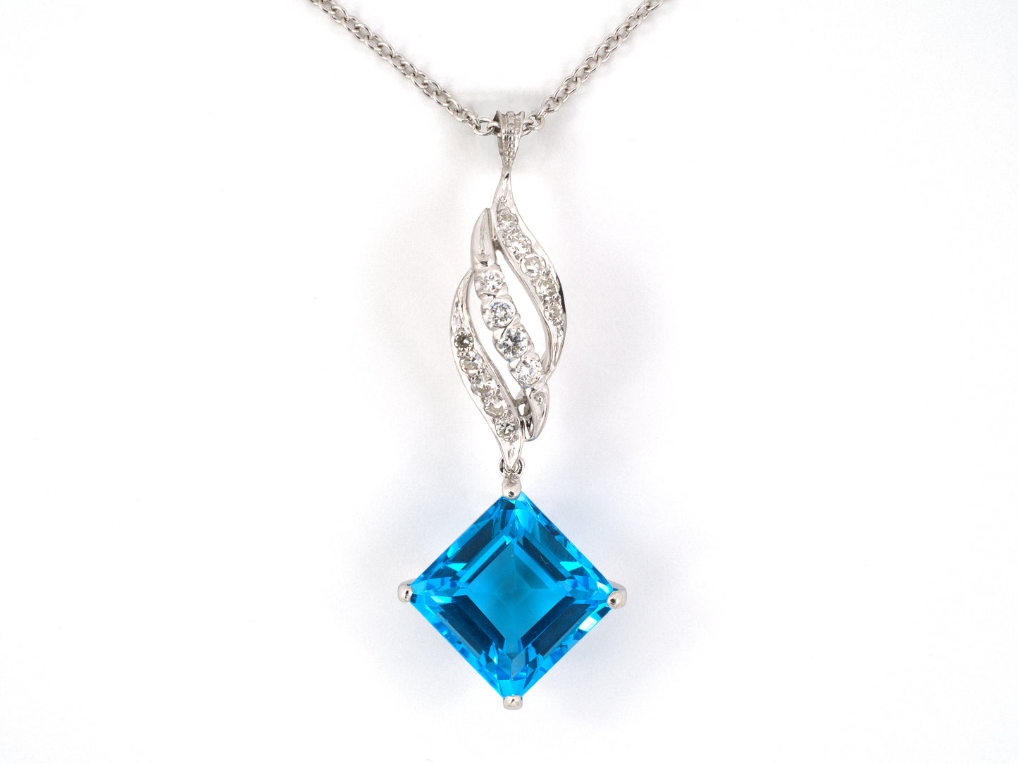 45678 - Gold Blue Topaz Diamond Swirl Design Kite Shaped Pendant Necklace