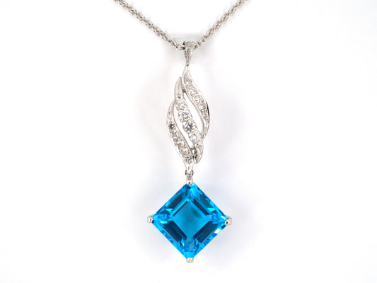 45678 - Gold Blue Topaz Diamond Swirl Design Kite Shaped Pendant Necklace