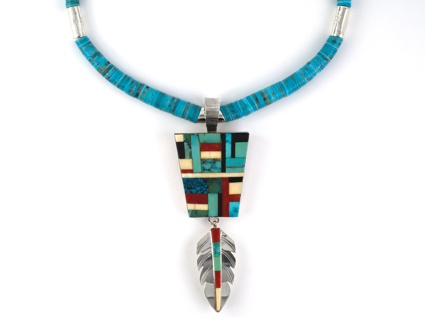45680 - Sterling Silver Turquoise Necklace w/ Removable Coral Onyx Bone Mosaic Feather Pendant