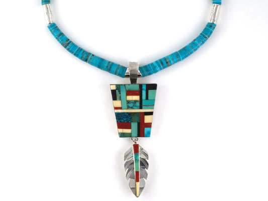 45680 - Sterling Silver Turquoise Necklace w/ Removable Coral Onyx Bone Mosaic Feather Pendant