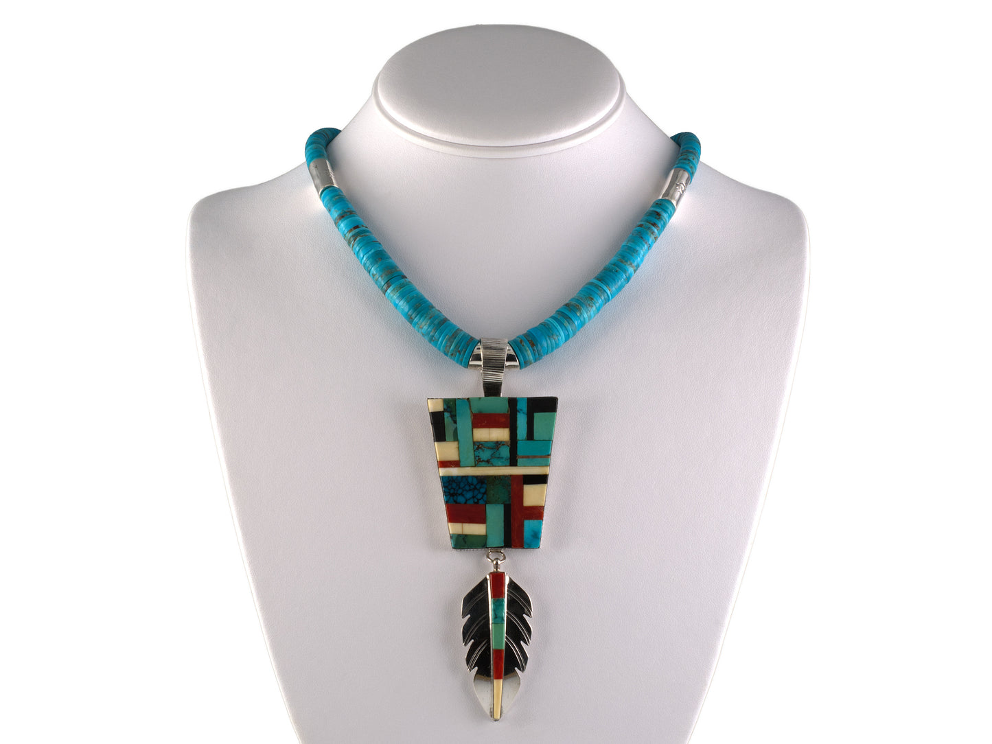 45680 - Sterling Silver Turquoise Necklace w/ Removable Coral Onyx Bone Mosaic Feather Pendant