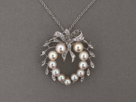 45682 - Gold Diamond Pearl Heart Shape Bow Circle Pin Pendant Necklace
