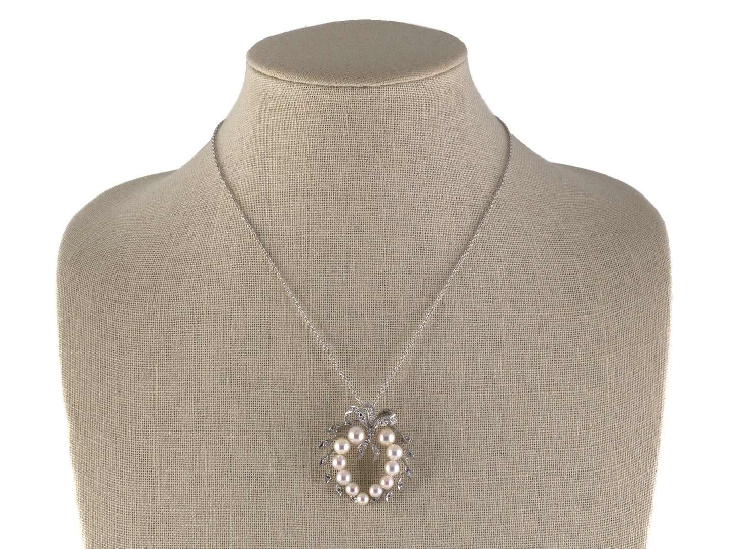 45682 - Gold Diamond Pearl Heart Shape Bow Circle Pin Pendant Necklace