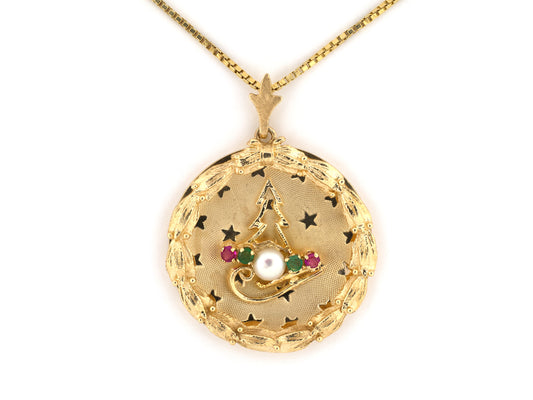 45683 - Gold Pearl Emerald Ruby Holiday Winter Pendant