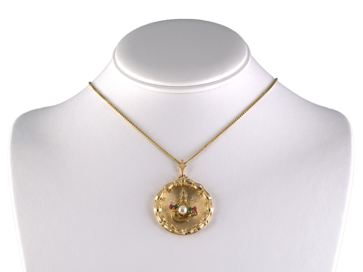 45683 - Gold Pearl Emerald Ruby Holiday Winter Pendant