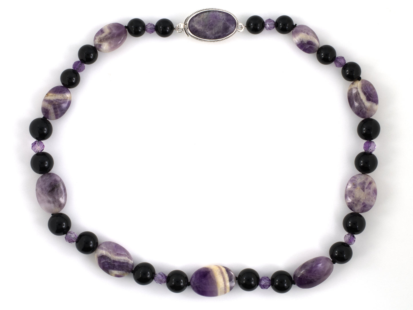 45685 - Sterling Silver Amethyst Black Onyx Alternating Bead Necklace
