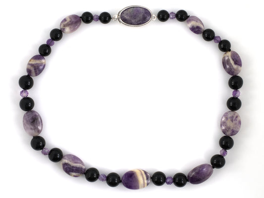 45685 - Sterling Silver Amethyst Black Onyx Alternating Bead Necklace