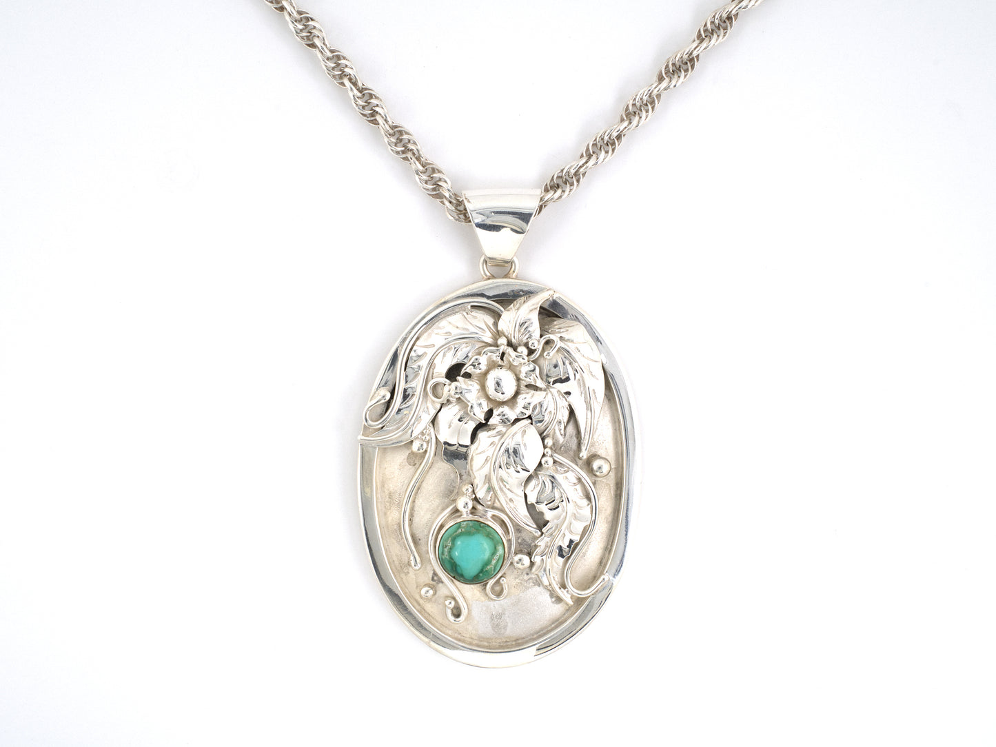 45686 - Sterling Silver Turquoise Carved Floral Leaf Pendant Necklace