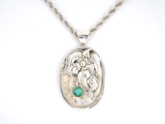 45686 - Sterling Silver Turquoise Carved Floral Leaf Pendant Necklace