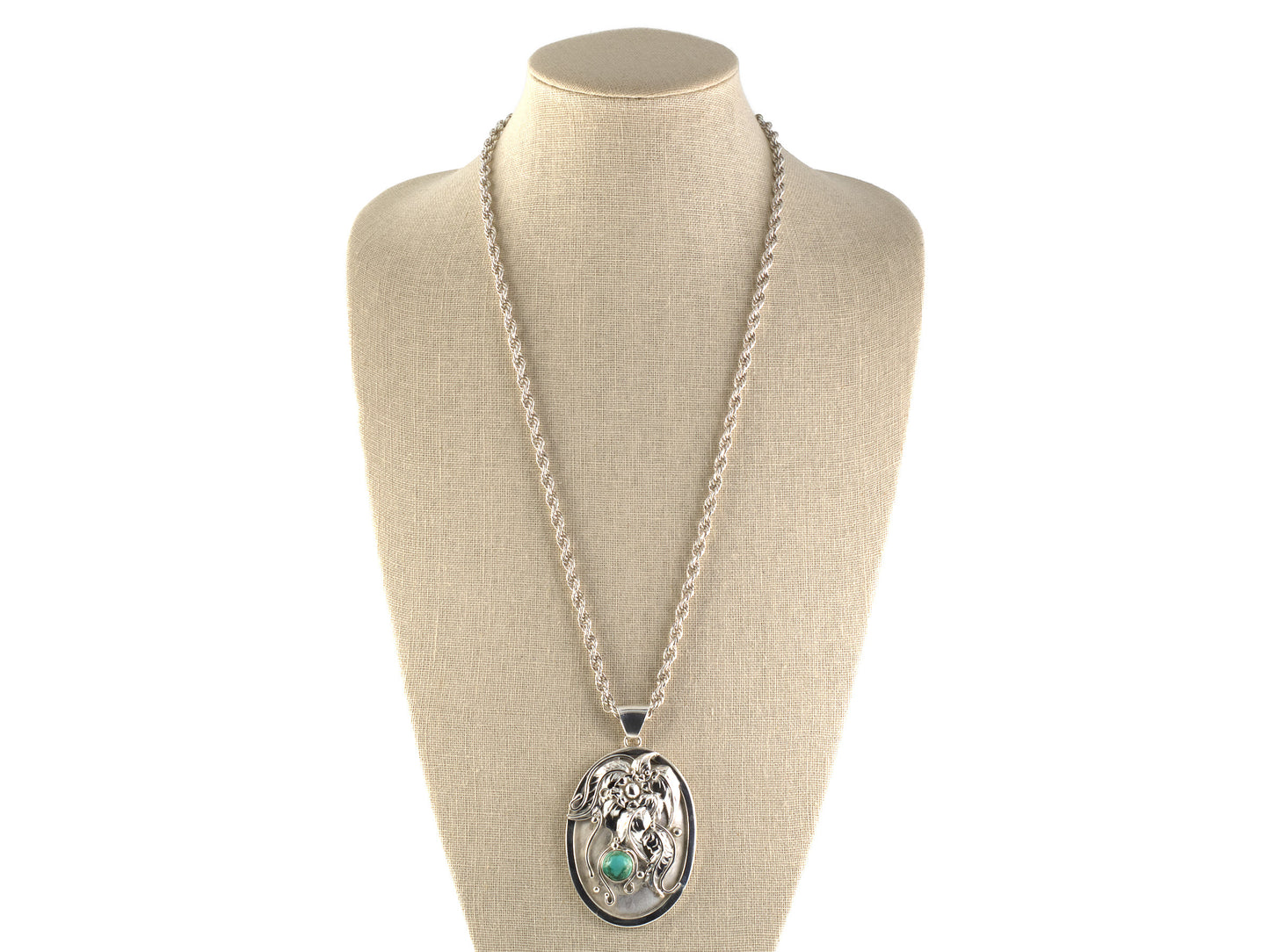 45686 - Sterling Silver Turquoise Carved Floral Leaf Pendant Necklace