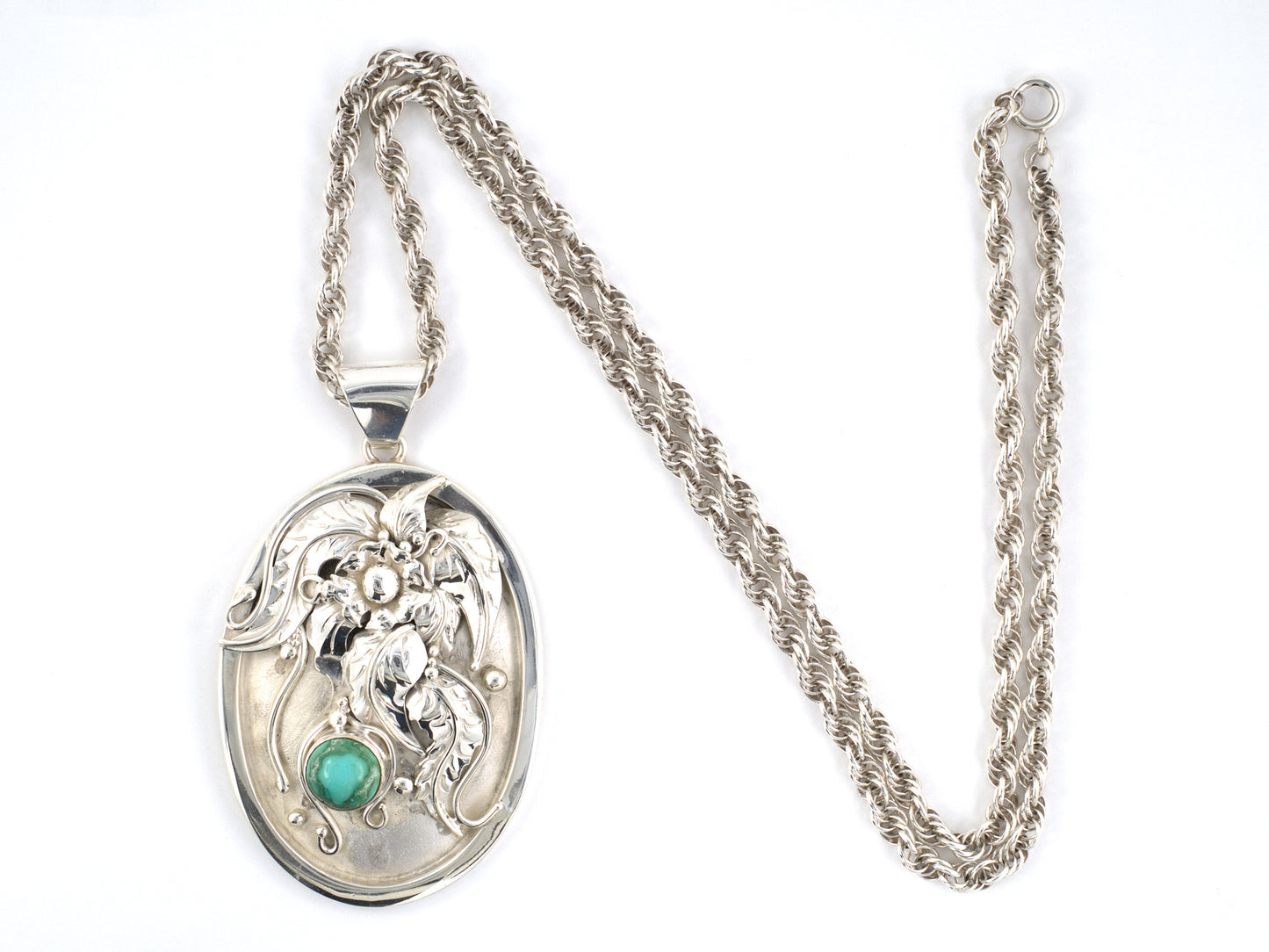 45686 - Sterling Silver Turquoise Carved Floral Leaf Pendant Necklace