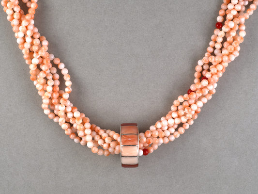 45688 - 6-Strand Coral Bead Torsade w/ Silver Coral Mosaic Pendant Necklace