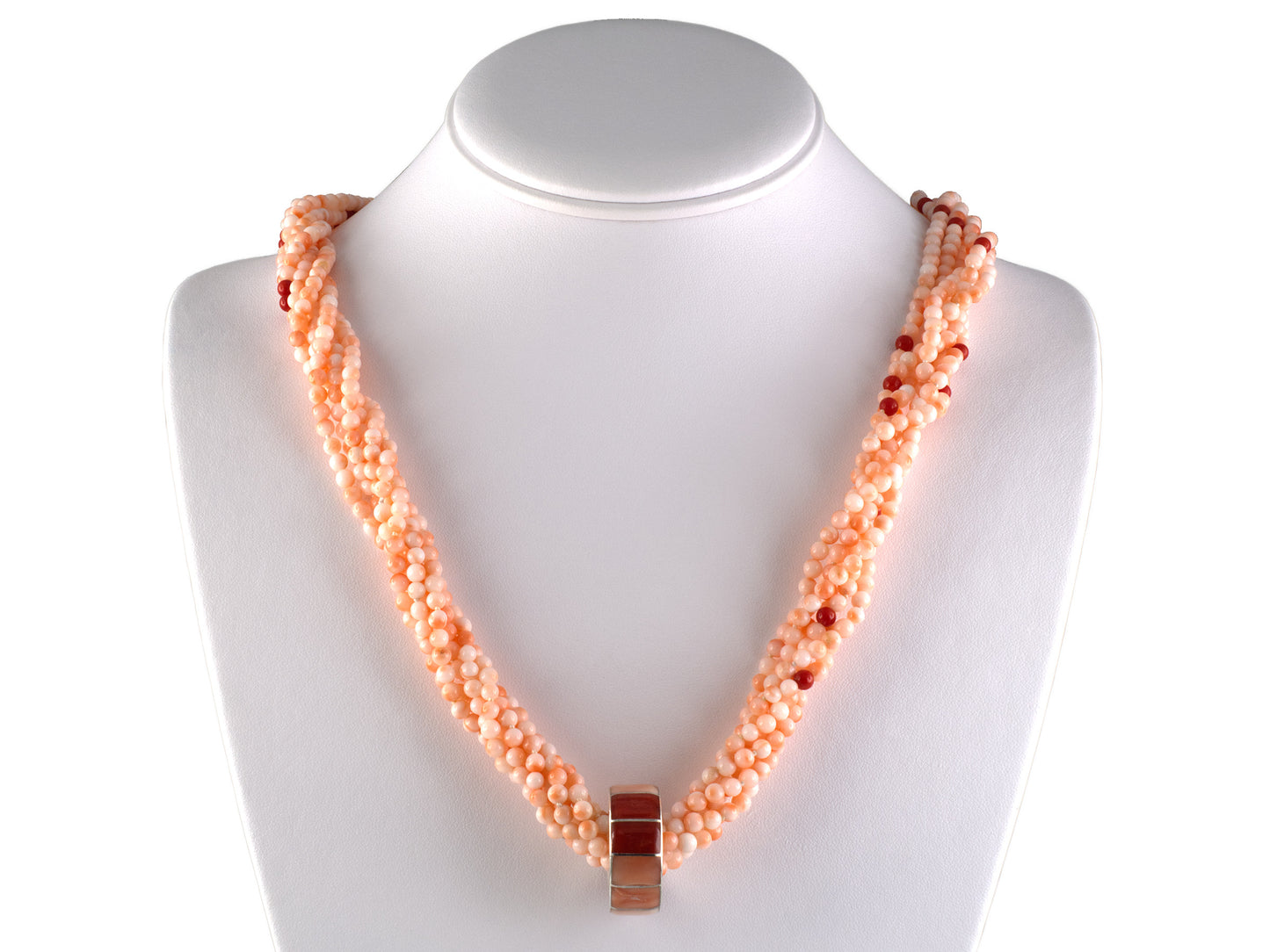 45688 - 6-Strand Coral Bead Torsade w/ Silver Coral Mosaic Pendant Necklace