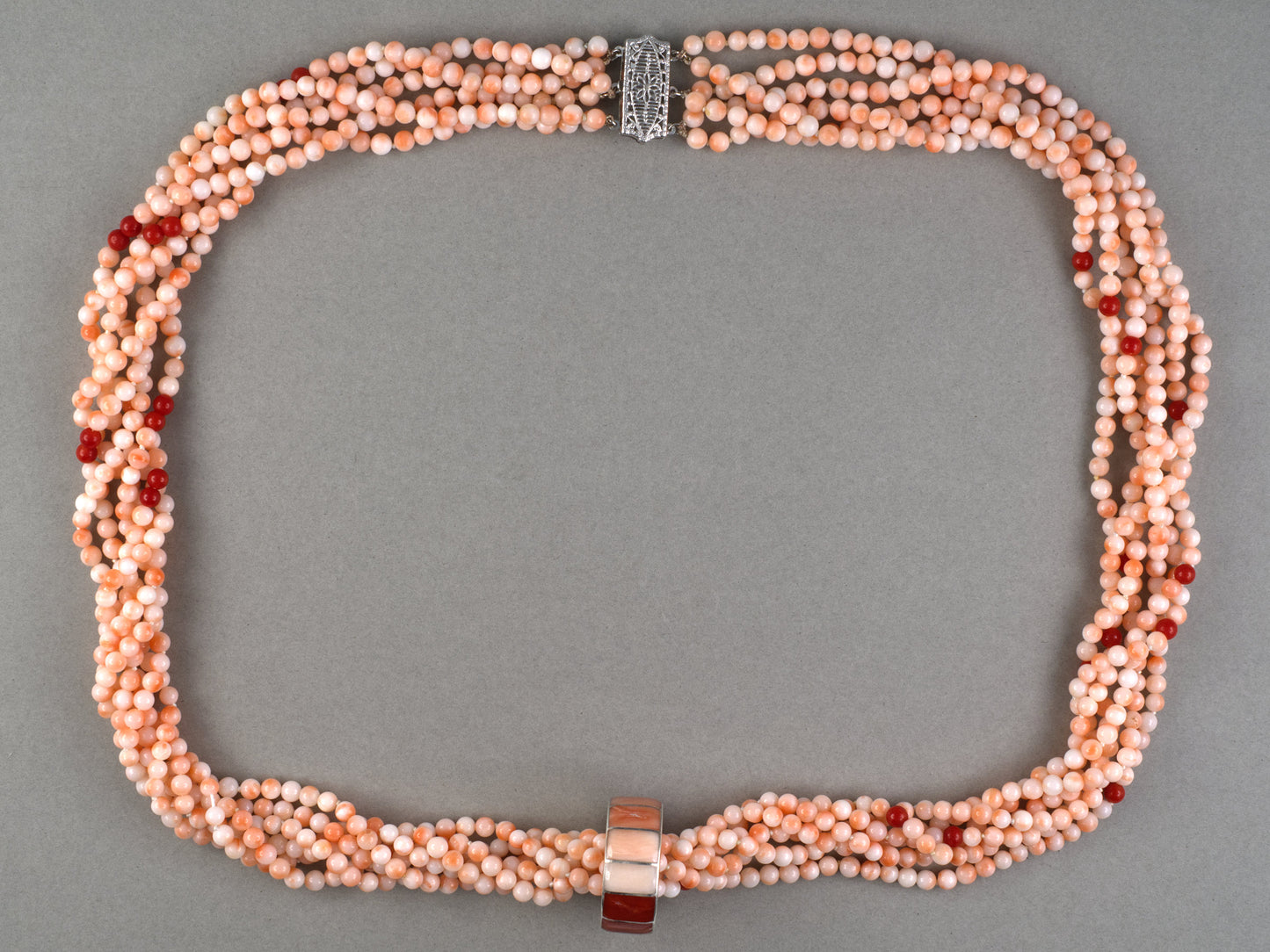 45688 - 6-Strand Coral Bead Torsade w/ Silver Coral Mosaic Pendant Necklace