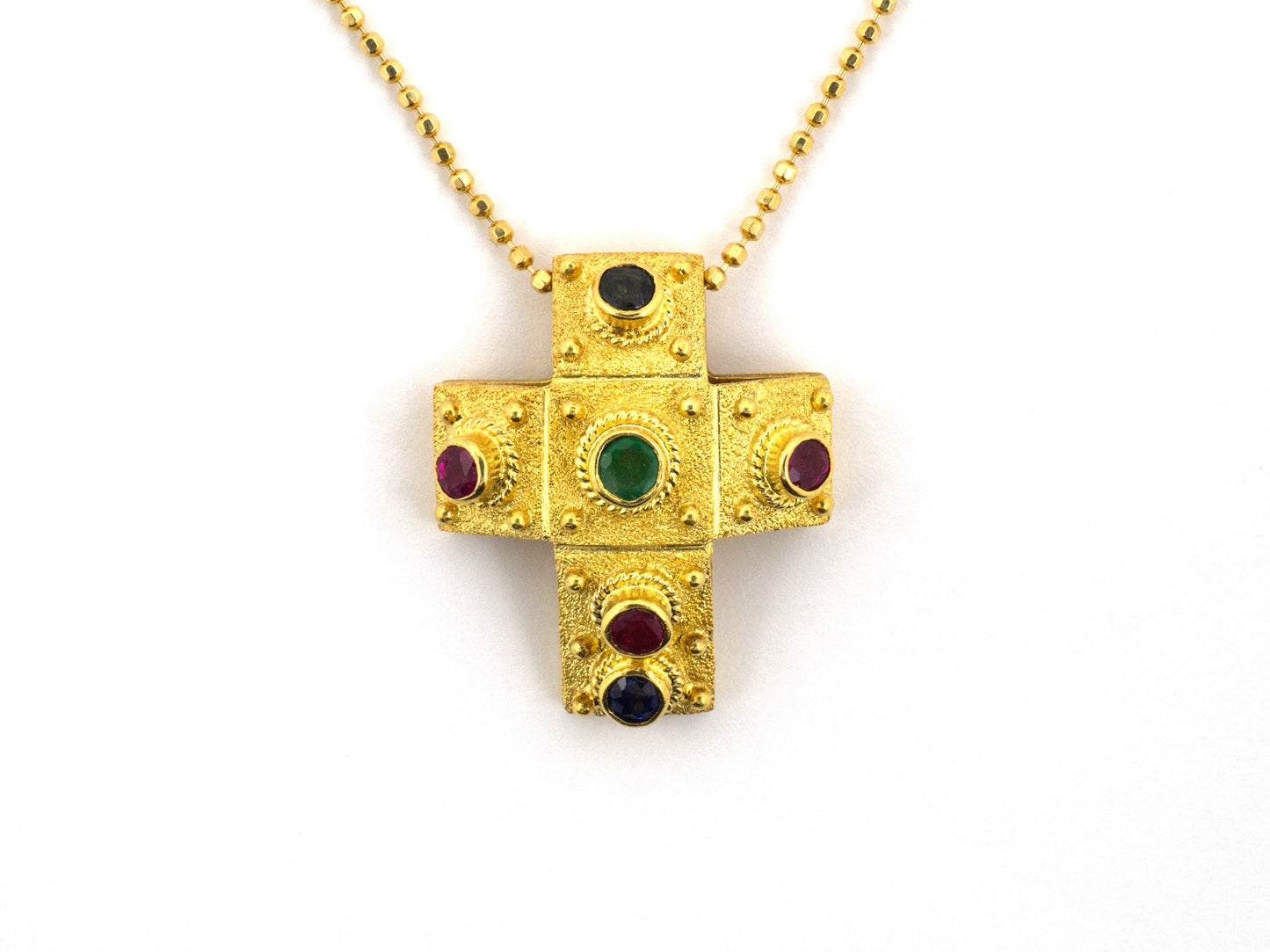 45695 - Gikas Greek Gold Emerald Sapphire Ruby Beaded Cross Pendant