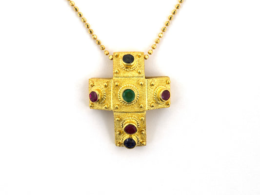 45695 - Gikas Greek Gold Emerald Sapphire Ruby Beaded Cross Pendant