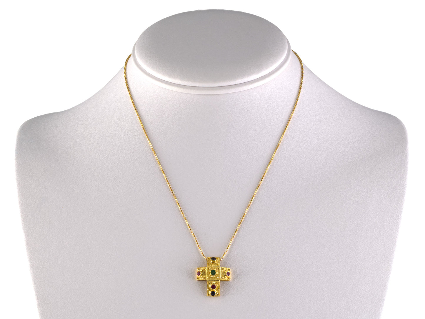 45695 - Gikas Greek Gold Emerald Sapphire Ruby Beaded Cross Pendant