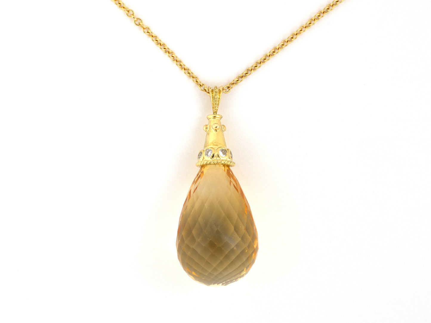 45697 - Gold Diamond Citrine Briolette Drop Pendant Necklace