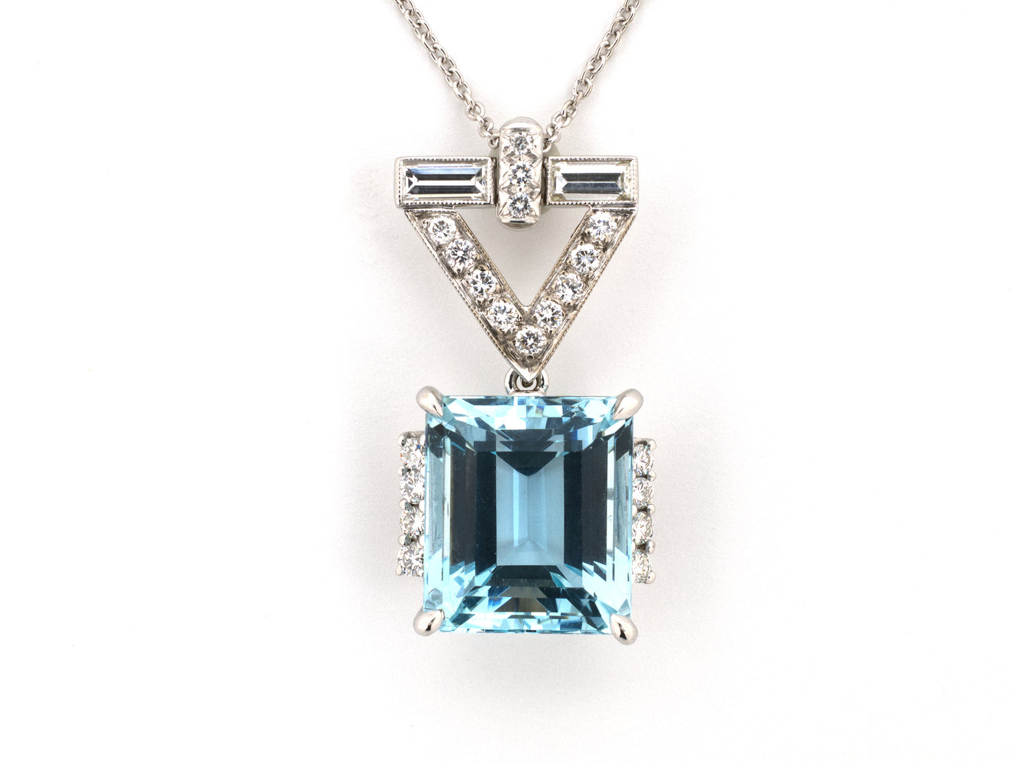 45698 - Platinum Gold Diamond Aqua "V" Ornament Pendant Necklace