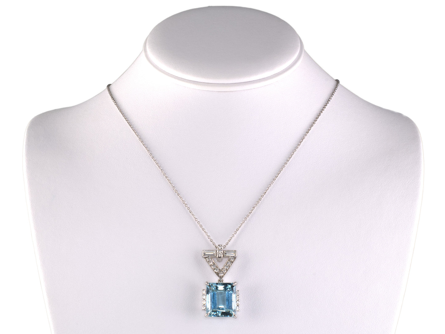 45698 - Platinum Gold Diamond Aqua "V" Ornament Pendant Necklace
