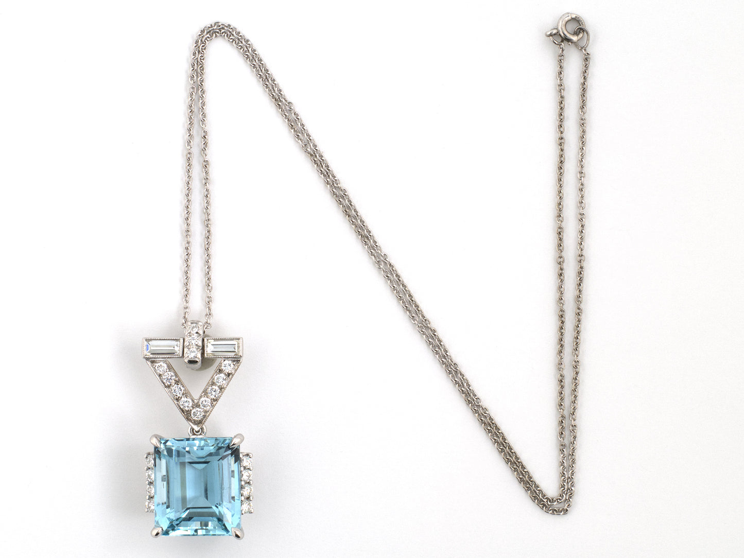 45698 - Platinum Gold Diamond Aqua "V" Ornament Pendant Necklace