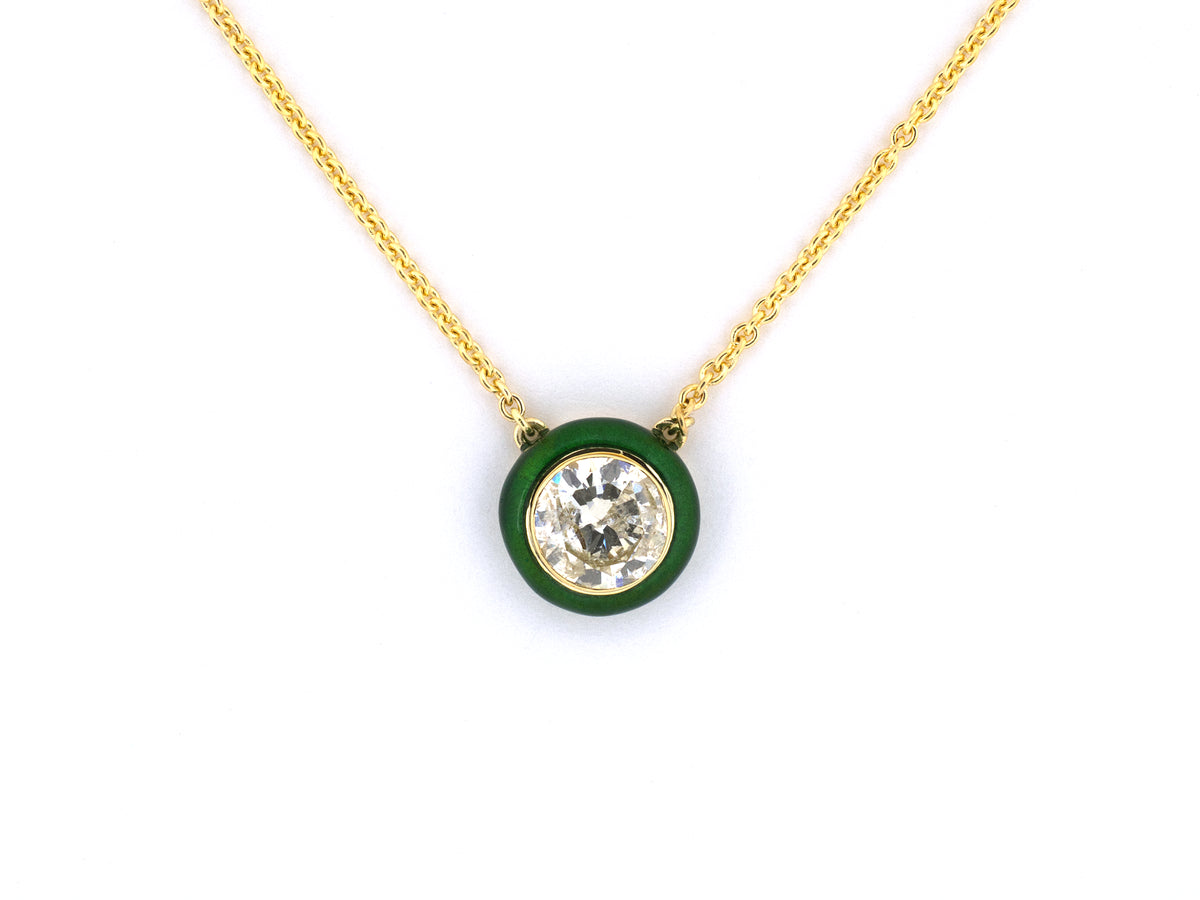 45701 - Cerro Gold Diamond Green Enamel Solitaire Pendant Necklace