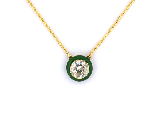 45701 - Cerro Gold Diamond Green Enamel Solitaire Pendant Necklace