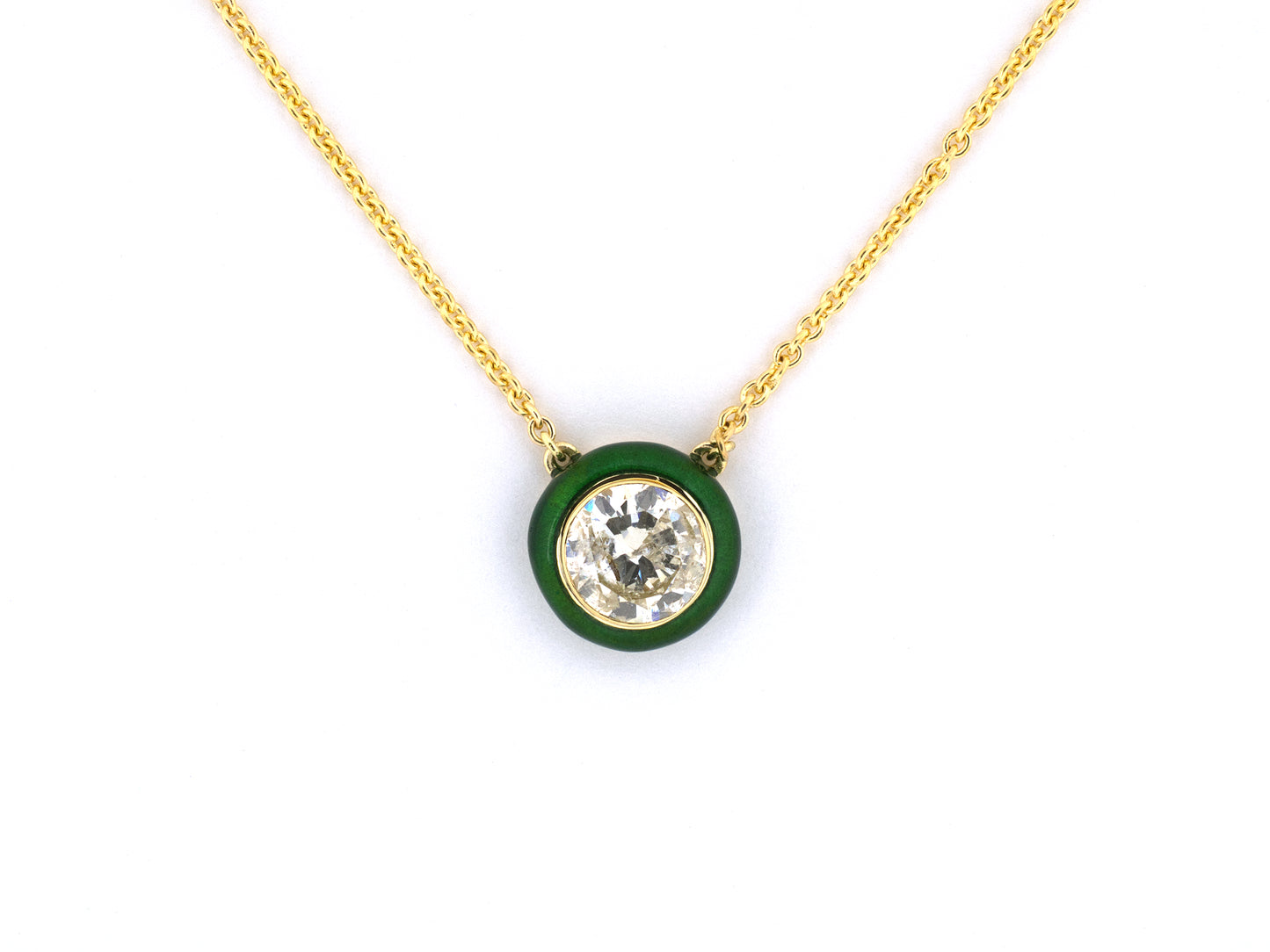 45701 - Cerro Gold Diamond Green Enamel Solitaire Pendant Necklace