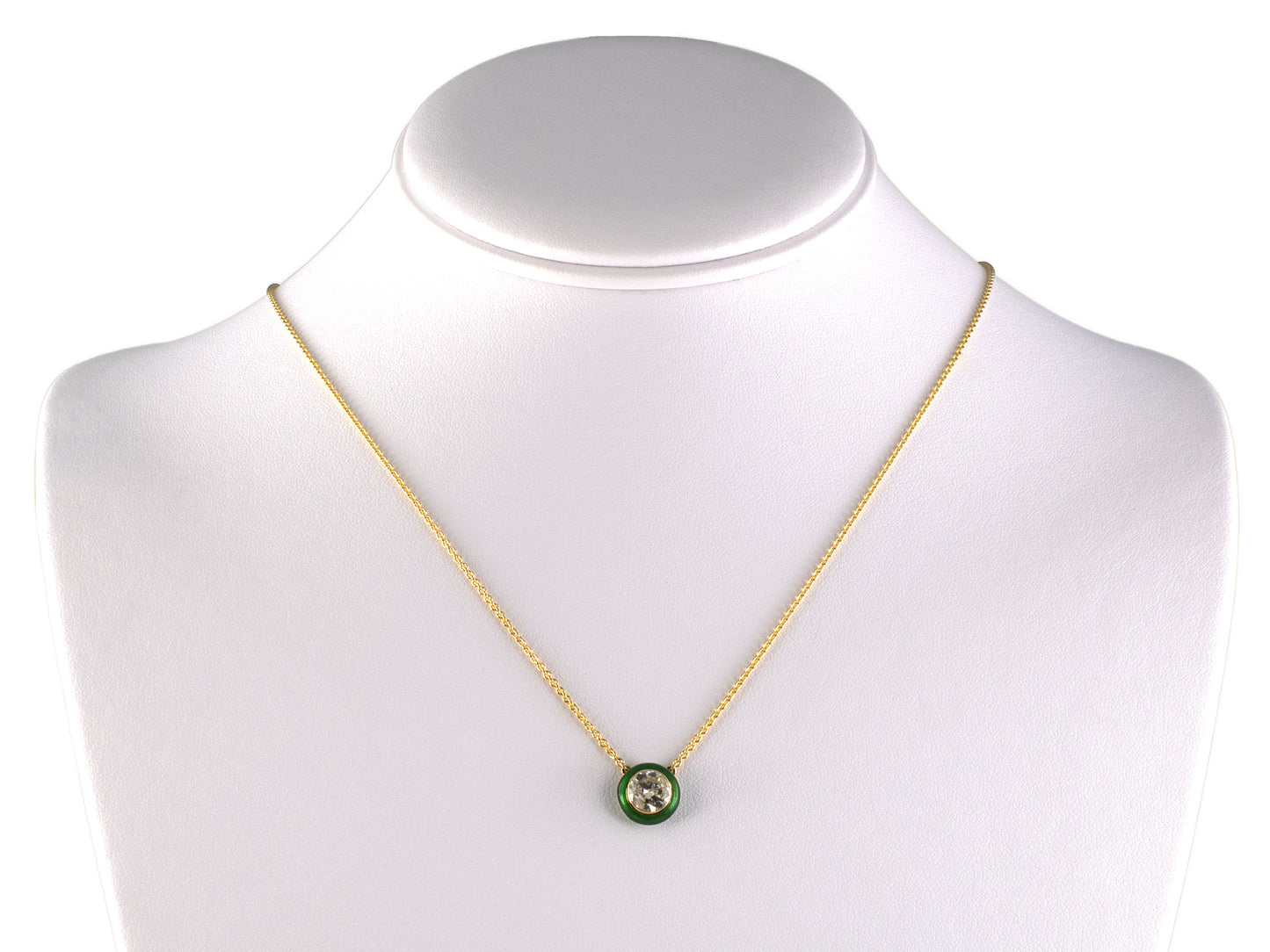 45701 - Cerro Gold Diamond Green Enamel Solitaire Pendant Necklace