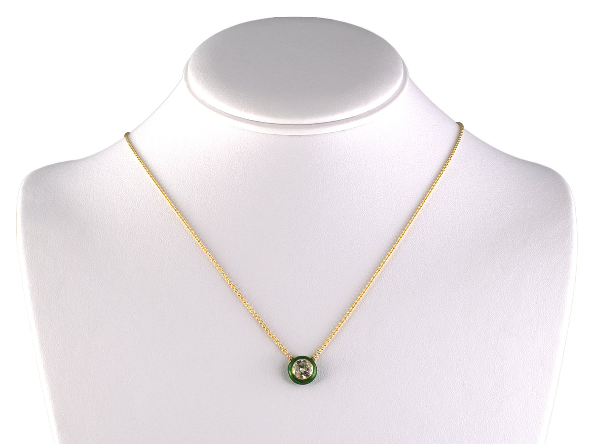 45701 - Cerro Gold Diamond Green Enamel Solitaire Pendant Necklace
