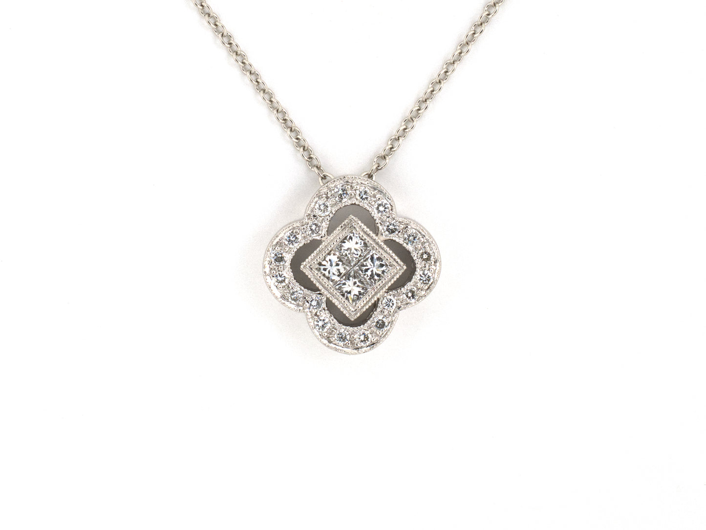 45707 - Platinum Diamond Scalloped Border Square Center Pendant Necklace