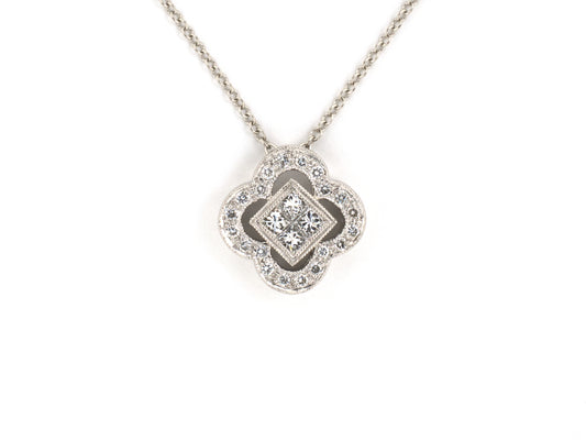 45707 - Platinum Diamond Scalloped Border Square Center Pendant Necklace
