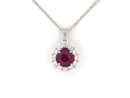 45709 - Platinum Diamond AGL Burma Ruby Kite Shaped Cluster Pendant Necklace