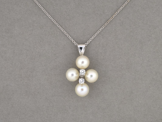 45710 - Gold Diamond Pearl Cross Cluster Pendant Necklace