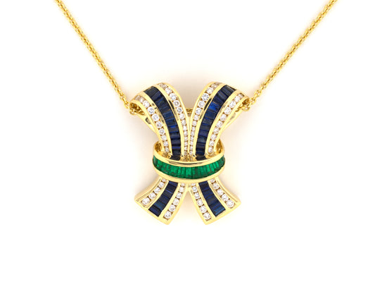 45714 - Krypell Gold Diamond Sapphire Emerald Bow Ribbon Pendant Necklace