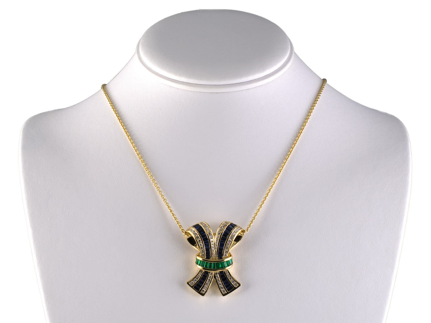 45714 - Krypell Gold Diamond Sapphire Emerald Bow Ribbon Pendant Necklace