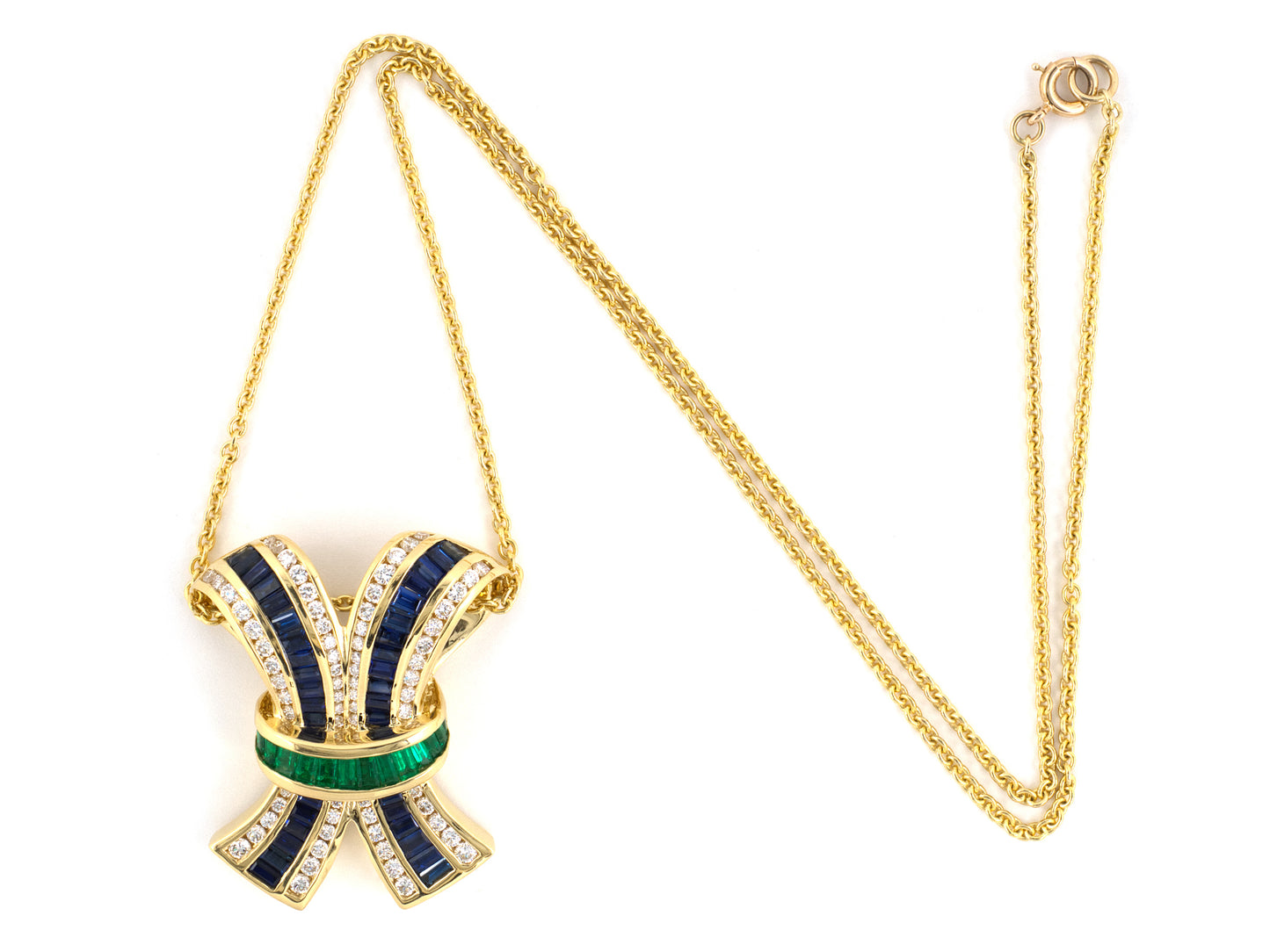 45714 - Krypell Gold Diamond Sapphire Emerald Bow Ribbon Pendant Necklace