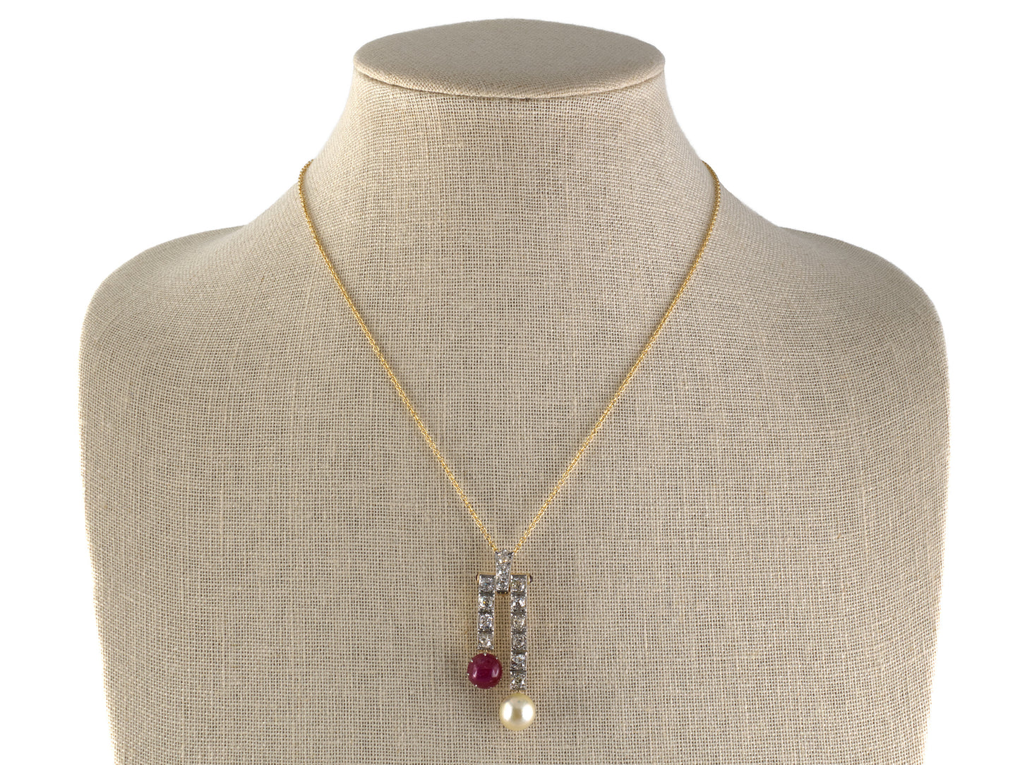45715 - Edwardian Platinum Gold GIA Ruby Diamond Akoya Pearl Drop Dangle Neglige Pendant Necklace