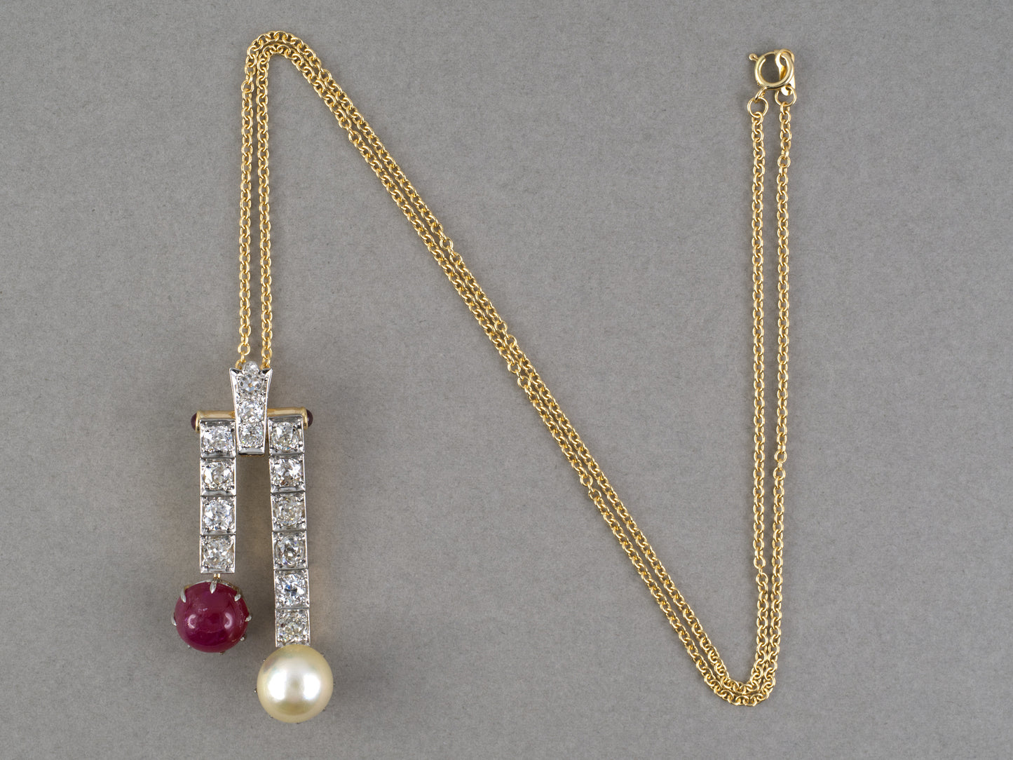 45715 - Edwardian Platinum Gold GIA Ruby Diamond Akoya Pearl Drop Dangle Neglige Pendant Necklace