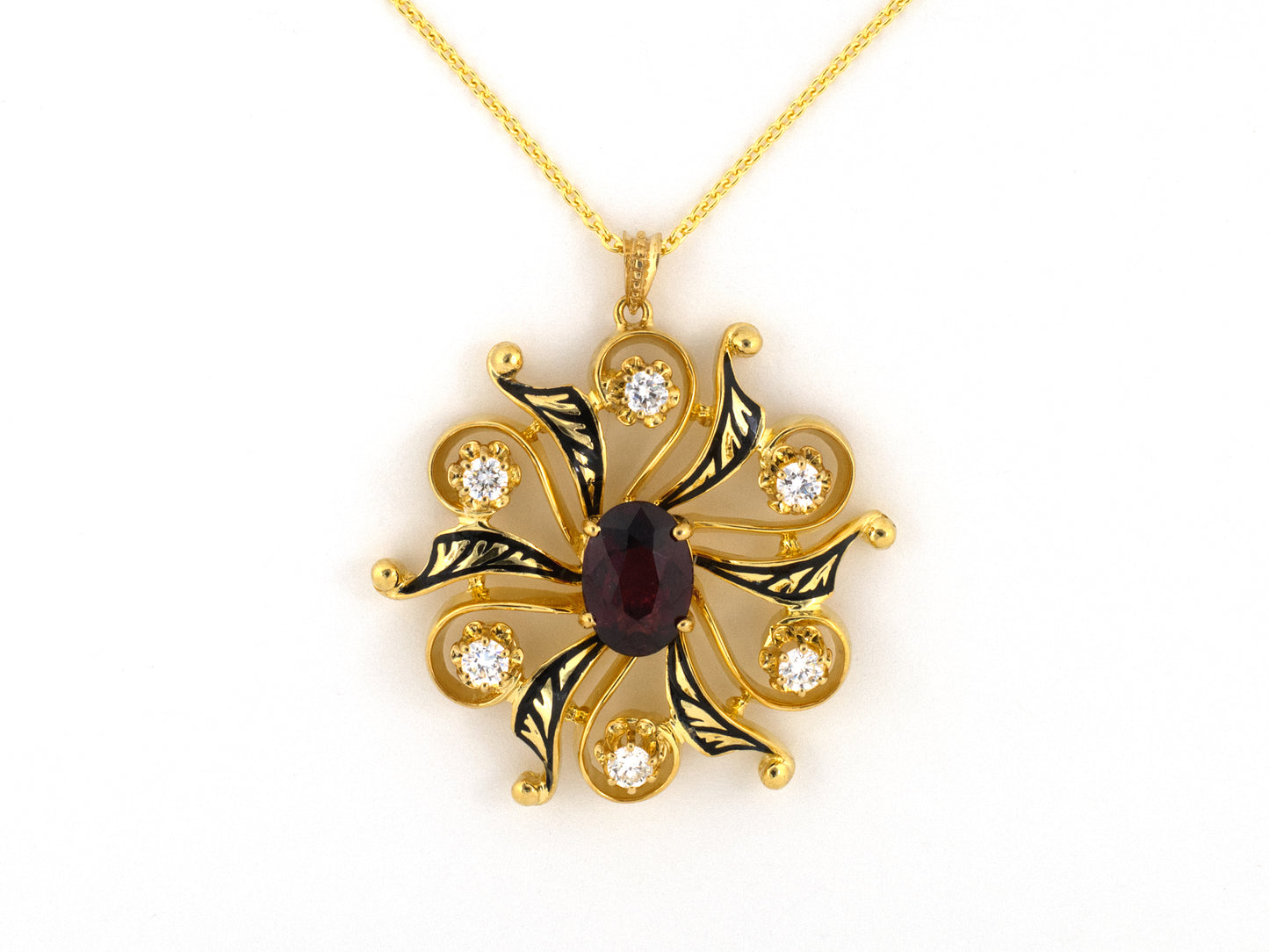 45716 - K. Goldschmidt Gold Diamond Garnet Black Enamel Pinwheel Pendant Necklace