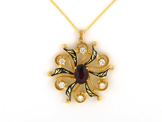 45716 - K. Goldschmidt Gold Diamond Garnet Black Enamel Pinwheel Pendant Necklace