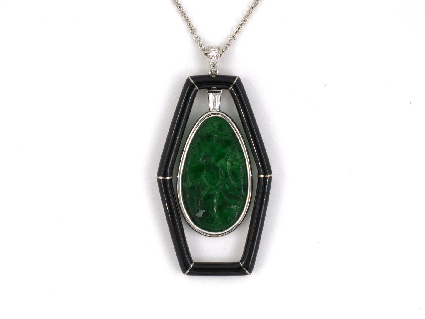 45723 - "Cerro" Platinum Palladium Diamond Carved Jadeite Floral Butterfly Hexagonal Black Enamel Pendant