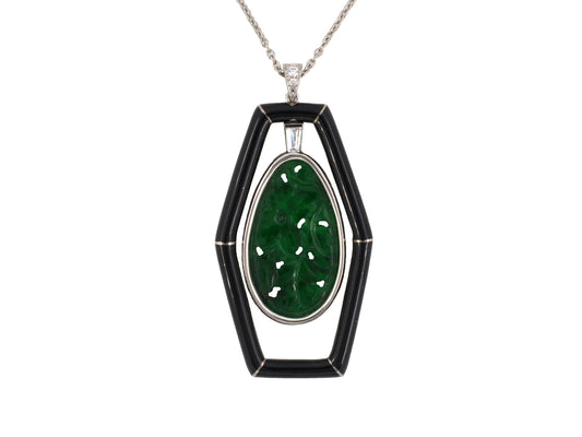 45723 - "Cerro" Platinum Palladium Diamond Carved Jadeite Floral Butterfly Hexagonal Black Enamel Pendant